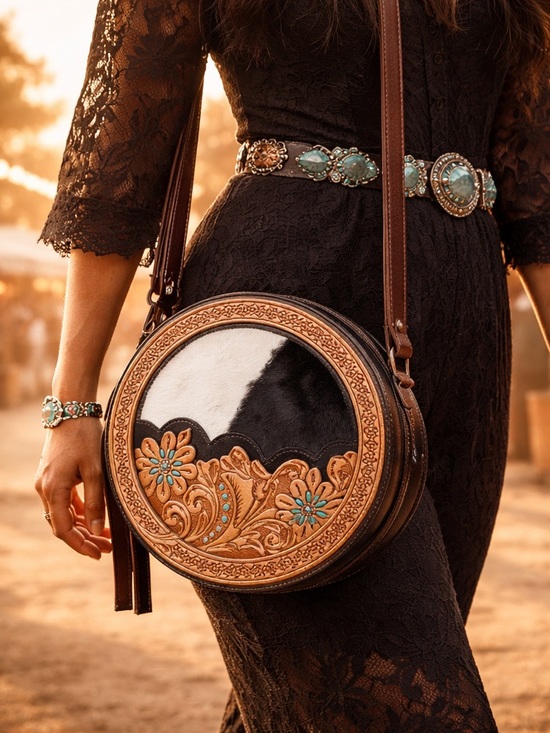 Myra Bag Handbags - Myra Western Cowhide Round Crossbody Bag Hand Tooled Leather Boho Purse NWT